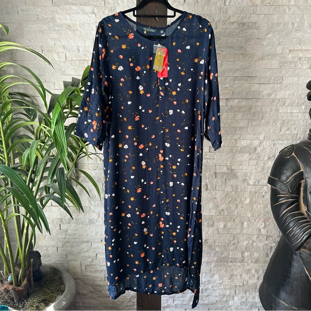 Avaasa “Liva” Navy Blue Dark Floral Bliss Kurta Tunic Dress Size XL NWT